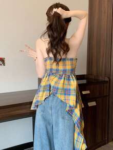 复古格纹吊带背心，多巴胺氛围，甜辣不对称短款上衣，夏季