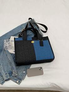 Fashionable Classic Casual Contrasting Color Double Handle Handbag, With Large Capacity, Lightweight And Portable Square Bag, Can Be Hung On The Side, University Style Canvas Bag, Suitable For Travel Shopping, Commuting To Work, Outdoor Sports And Campus Use. - View 8