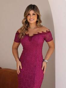 Long Off-The-Shoulder Party Dress In Shiny Lace - Rose Red - View 4