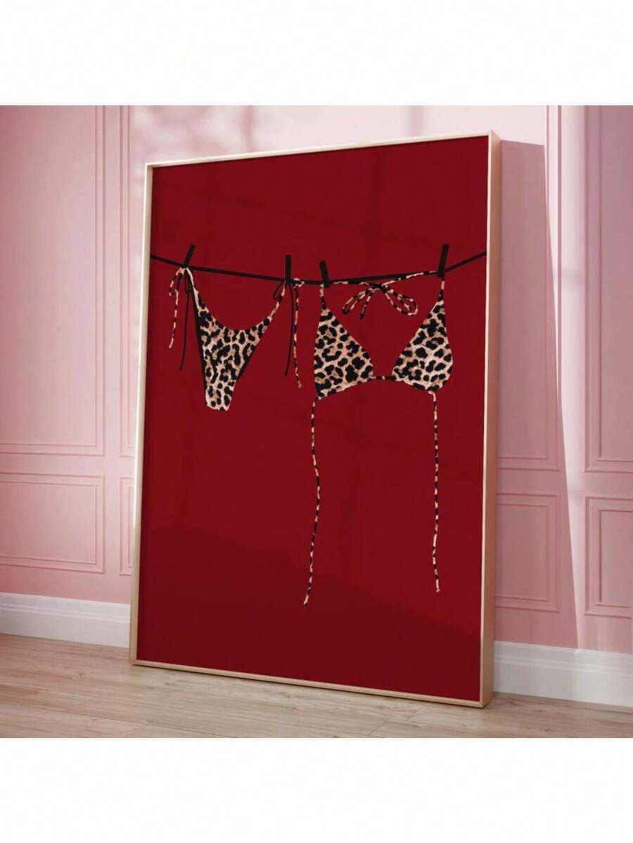 Kirschroter Leoparden Wandkunst Bikini Muster Apartment Dekoration, Funky Wandkunst Retro Poster Studentenwohnheim Drucke ästhetische Wandkunst modische Heimdekoration Leinwandmalerei Poster und Drucke Wandbilder Dekor für Wohnzimmer wahlweise mit Rahmen - Verschiedenfarbig - Übersicht 1