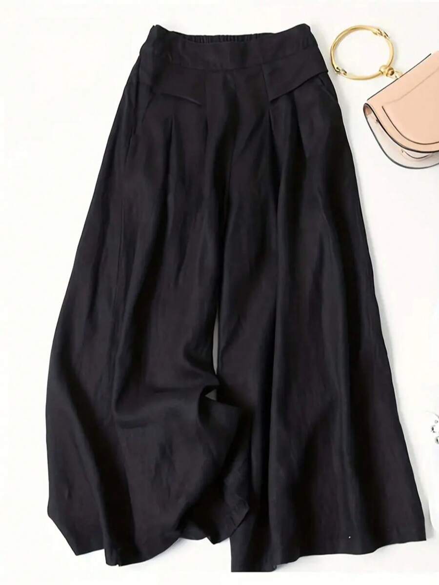 女式纯色休闲前袋装饰阔腿裤