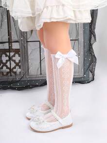 2 Pairs Baby/Toddler Girls Sweet Cute Lace Bow Heart Jacquard Mesh Crew Socks, Suitable For Summer Wear - Multicolor - View 4