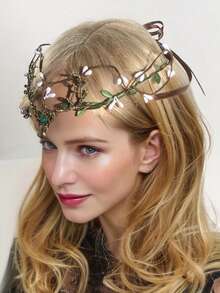1 件复古乡村叶冠头饰，自然花卉头饰，适合表演、婚礼、派对、旅行、摄影装饰、骄傲月、返校、感恩节、圣诞节、万圣节节日礼物 - 墨綠色 - 查看 2