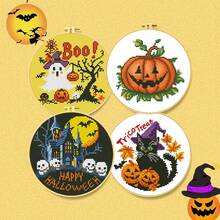 万圣节十字绣套装 - 南瓜屋 | 初学者 DIY 材料包（11CT 布料 + 3 股线）| 节日装饰创意礼物