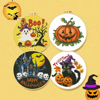 Halloween Cross Stitch Kit - DIY Embroidery Starter Set Includes Embroidery Hoop, Needle, Thread, Scissors, Tools, Decorative Artwork With Ghost, Witch, Black Cat, Cauldron Patterns, Home Decor Gift