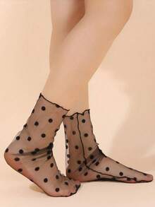 1 双女士透明网眼丝袜，黑色薄袜，经典波点图案，精选轻薄网眼面料制成，复古时尚。 - 黑色 - 查看 10