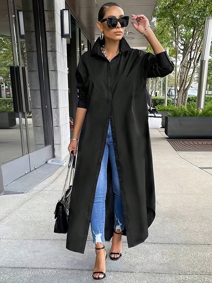 Elegant Women's Maxi Long-Sleeve Shirt Dress With Button Design Comfortable Loose Fit For Daily Office Wear All-Season Casual Style Garment Womenswear - 黑色 - 查看 1