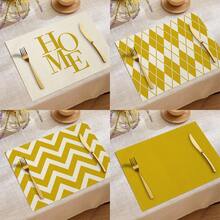 1 pièce/4 pièces/6 pièces Sets de table décoratifs pour tous les jours, sets de table en lin avec lettres, diamants et rayures jaunes, résistants à la saleté, convient pour la maison, la salle à manger et les restaurants, décoration de table, articles ménagers