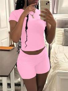 2pcs/Set Casual Solid Color Short Sleeve T-Shirt And Shorts, Spring And Summer Workout Crop Tops - 粉色 - 查看 3