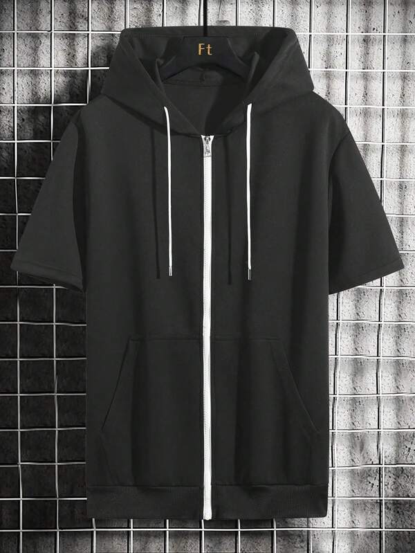 Men's Black Casual Short Sleeve Hoodie, With White Zipper And Drawstring Design, Suitable For Sporty Men's Daily Wear, Fashionable Leisure Tops, Fit For Play And Exercise