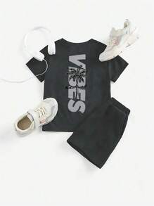 2 pièces Set : T-shirt à manches courtes et short imprimé lettre et palmier pour garçons