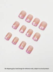 Elevate Your Style With 24pcs Press On Nails Short, Creative And Fashionable Fake Nails, Classic Simple Daily Pink French Press The Short Nail, White Pentagram Pattern Pink Nails, Y2K Nail Art, Can DIY Fake Nails, Personalized Hot Girl Nail Set, Suitable For Women's Spring And Summer, Vacations, Parties, Dances, Festivals, Nail Supplies