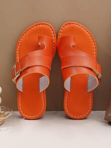 1 Pair Plus Size Toddler Girls' Fashion Metallic Buckle Decor Flat Sandals, Solid Color PU Splicing Material, Comfortable Non-Slip Beach Shoes, Suitable For 3-15 Years Old Boys & Girls, Casual, Party, Travel, Spring/Summer 2025