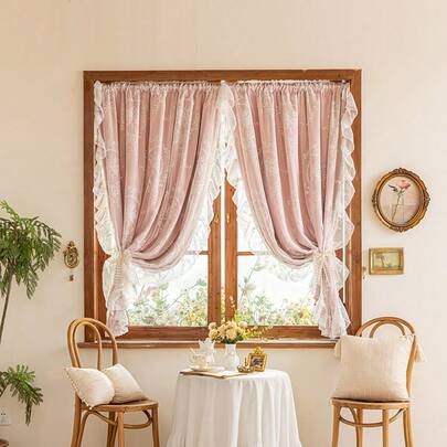 1 件粉色双层遮光窗帘，卧室、客厅短窗帘，无需打孔安装，房间装饰