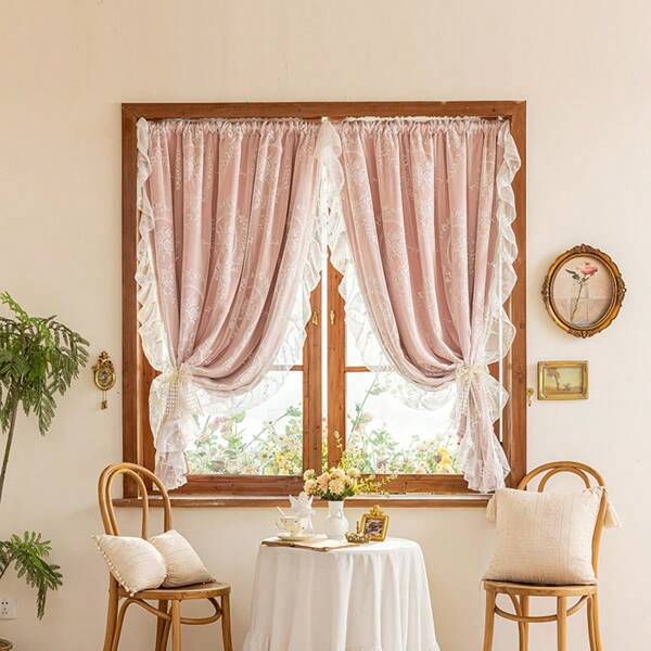 1pc Pink Double-Layer Blackout Curtain, Short Curtain For Bedroom, Living Room, No Holes Needed Installation, Room Decor