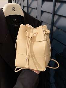 Mini Casual Woven Crossbody Shoulder Bag, Drawstring Bucket Bag, Plain Color PU