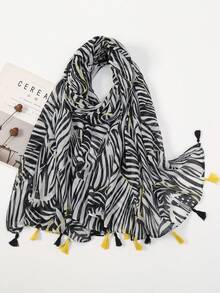 1pc Lightweight Zebra Print Tassel Scarf, Spring/Autumn Travel Holiday Sun Protection Wrap Shawl For Dress - Multicolor - View 1