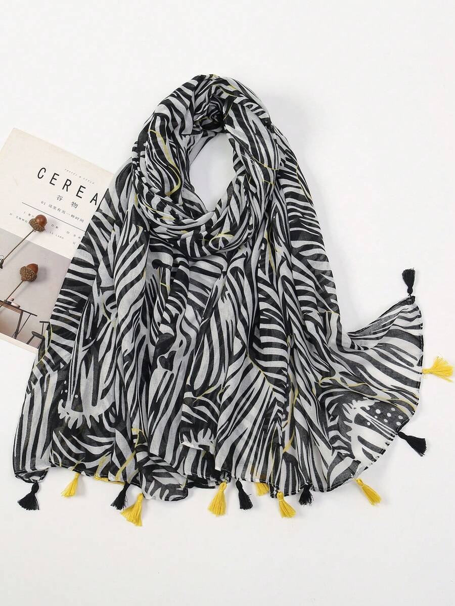 1pc Lightweight Zebra Print Tassel Scarf, Spring/Autumn Travel Holiday Sun Protection Wrap Shawl For Dress - Multicolor - View 1