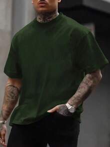 男士休闲纯色圆领短袖T恤，适合日常休闲穿着 - 軍綠色 - 查看 10