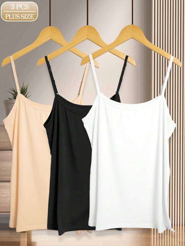 3pcs/Set Plus Size Women Solid Color Camisole Strap Adjustable Layering Tank Tops