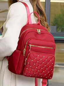 Women's New Rhinestone Plaid Large Capacity Travel Casual Oxford Backpack - Red - View 3