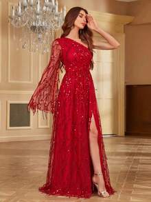 Women's Lantern Sleeve Sequin Side Slit Hem Luxurious Party Dress, Suitable For Party Occasions