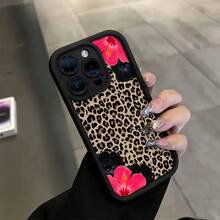 Estampado de leopardo patrón de hibisco rosa adecuado para funda de teléfono móvil TPU iPhone15PROMAX funda protectora de silicona de cuatro esquinas anti-caída de alta cobertura con alto valor y  calientes - Negro - Ver 3