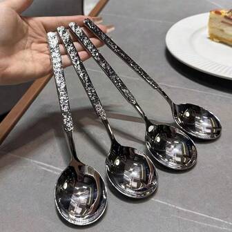 5 pezzi cucchiai in acciaio inossidabile, cucchiai con motivo a crepe alla moda, stile coreano con manico lungo per zuppe/dessert, forniture scolastiche