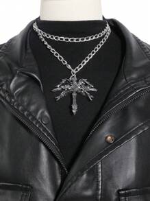 1pc Unisex Fashion Wing & Sword Feather Cross Diamond Faux Pearl Decor Punk Chain Pendant Necklace, Suitable For Party, Outdoor, Streetwear Matching - Multicolor - View 3
