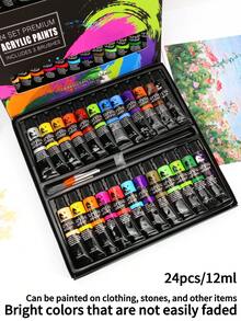 opeth 27pcs Acrylic Paint Kit, 24 Colors Aluminum Tube Acrylic Paints Set With 3 Wooden Handled Nylon Hair Brushes Back To School,Back To School,School Supplies