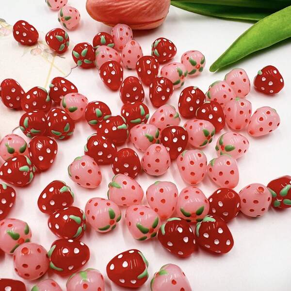10pcs/20pcs/50pcs Fashionable Multicolor Acrylic Straight Hole Fruit Strawberry Beads For DIY Jewelry Making, Necklace, Bracelet, Handicraft Supplies