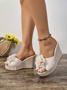 New Handmade Floral Vacation Solid Color Sandals, Slip-On Peep Toe Waterproof Platform Super High Thick Sole Large Size Women Shoes, Summer