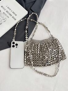 Tas Bahu/Selempang Modis Buatan Tangan dengan Desain Unik, Anyaman Manik-Manik Berongga, Ukuran Besar, Elegan - Perak - View 4