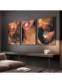 3 件套奢华艺术，女孩房间装饰，女性化墙壁艺术，都市生活墙壁艺术，奢华时尚墙壁艺术，黑色艺术帆布画，客厅墙壁艺术，家居装饰，节日和生日礼物，办公室装饰布置艺术品（可选框架） - 3pcs/set - 查看 1