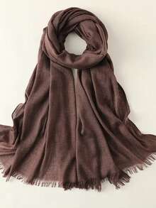 1条120克亚麻质感流苏保暖围巾/披肩，纯色竹纤维针织颈部围脖，女士旅行礼品，连衣裙 - 咖啡棕 - 查看 2