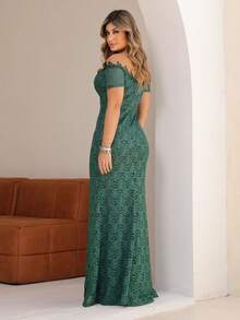 Long Off-The-Shoulder Party Dress In Shiny Lace - Army Green - View 4
