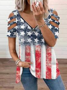 Women's Zipper Flag Printed Comfortable Casual Short Sleeve T-Shirt - Baby Blue - View 2