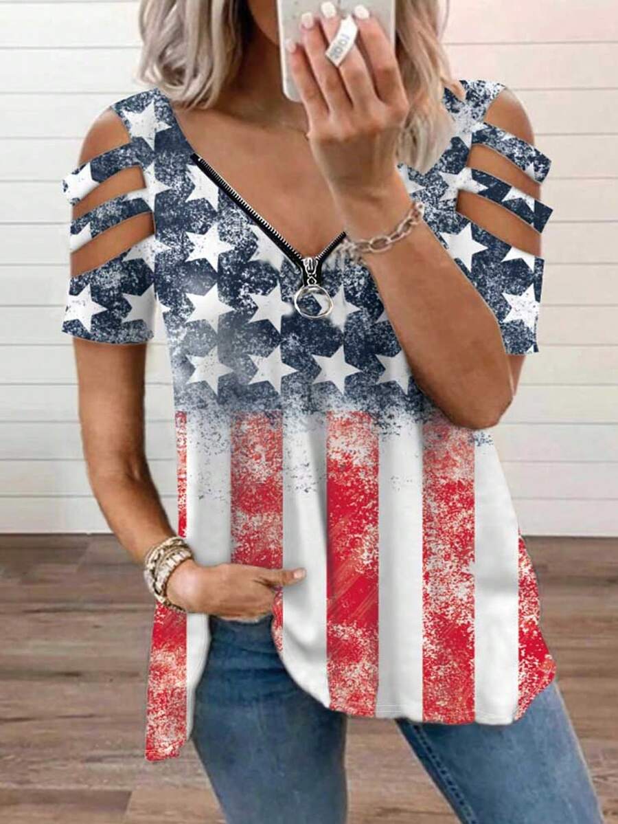 Women's Zipper Flag Printed Comfortable Casual Short Sleeve T-Shirt