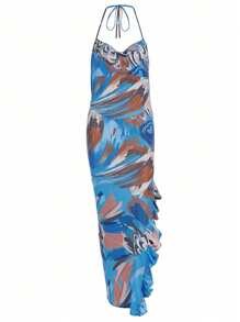 1pc Women's Sexy Fitted Tie-Front Asymmetric Backless Floral Print Ruffle Hem Open-Slit Maxi Dress, Spring/Summer Beach, Holiday, Casual, Party