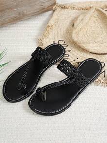 大码女式简约欧美风编织平底沙滩凉鞋，夏季