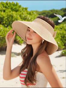 1 Peça Chapéu de Praia Elegante de Palha Boêmio Bege para Mulheres - Chapéu de Praia Dobrável com Detalhe de Laço, Proteção Solar, Ajuste Regulável para o Dia das Mães, Passeios Casuais e Férias | Textura Trançada em Bege, Cáqui, Preto (Fácil Armazenamento)