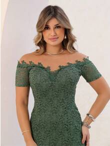 Long Off-The-Shoulder Party Dress In Shiny Lace - Olive Green - View 4