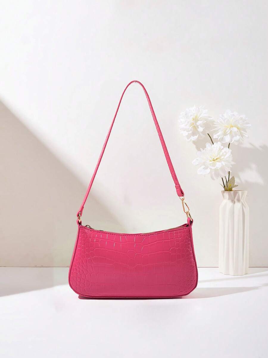 Casual Versatile Minimalist Plain Color Crocodile Embossed Underarm Shoulder Bag - Hot Pink - View 1