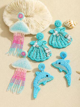 2PCS Bohemian Style Handmade Beaded Ocean Element Women's Eardrop, Summer Ocean Style Handmade Rice Bead Shell Jellyfish Dolphin Earrings For Women, Suitable For Beach Vacations