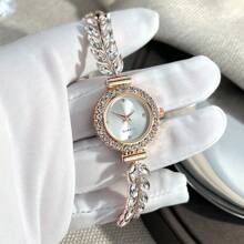 1pc Women's Bling Rhinestone Wheat Ears Alloy Watch Band, Alloy Round Case With Crystal Sunburst Dial, Classic Fashionable Sparkling Quartz Watch