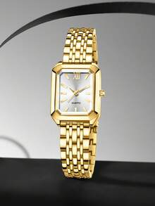 1 件女士合金表带时尚、休闲、优雅、轻奢气质矩形表盘石英表适合日常佩戴或节日礼物