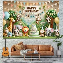 Jungle Animal Happy Birthday Theme Background, Suitable For Birthday Party Banner Decor, Photography Backdrop, No Electricity Needed - 杏色 - 查看 5