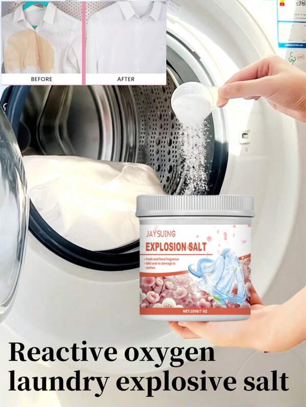 1 pièce de sel à exploser à l'oxygène actif pour le linge. Utilisé pour le nettoyage des vêtements, sous forme de poudre. Le produit ne comprend pas de cuillère. Il peut éliminer les taches et les odeurs des vêtements, laisser une fragrance longue durée et fixer la couleur.
