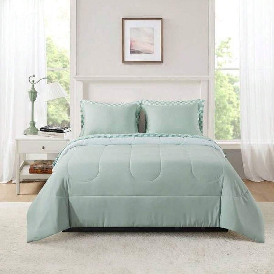 7-Piece Reversible Bed In A Bag Comforter Set With Sheets, Blue Floral, Queen - Sage - 查看 1