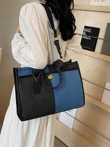 Fashionable Classic Casual Contrasting Color Double Handle Handbag, With Large Capacity, Lightweight And Portable Square Bag, Can Be Hung On The Side, University Style Canvas Bag, Suitable For Travel Shopping, Commuting To Work, Outdoor Sports And Campus Use. - View 2